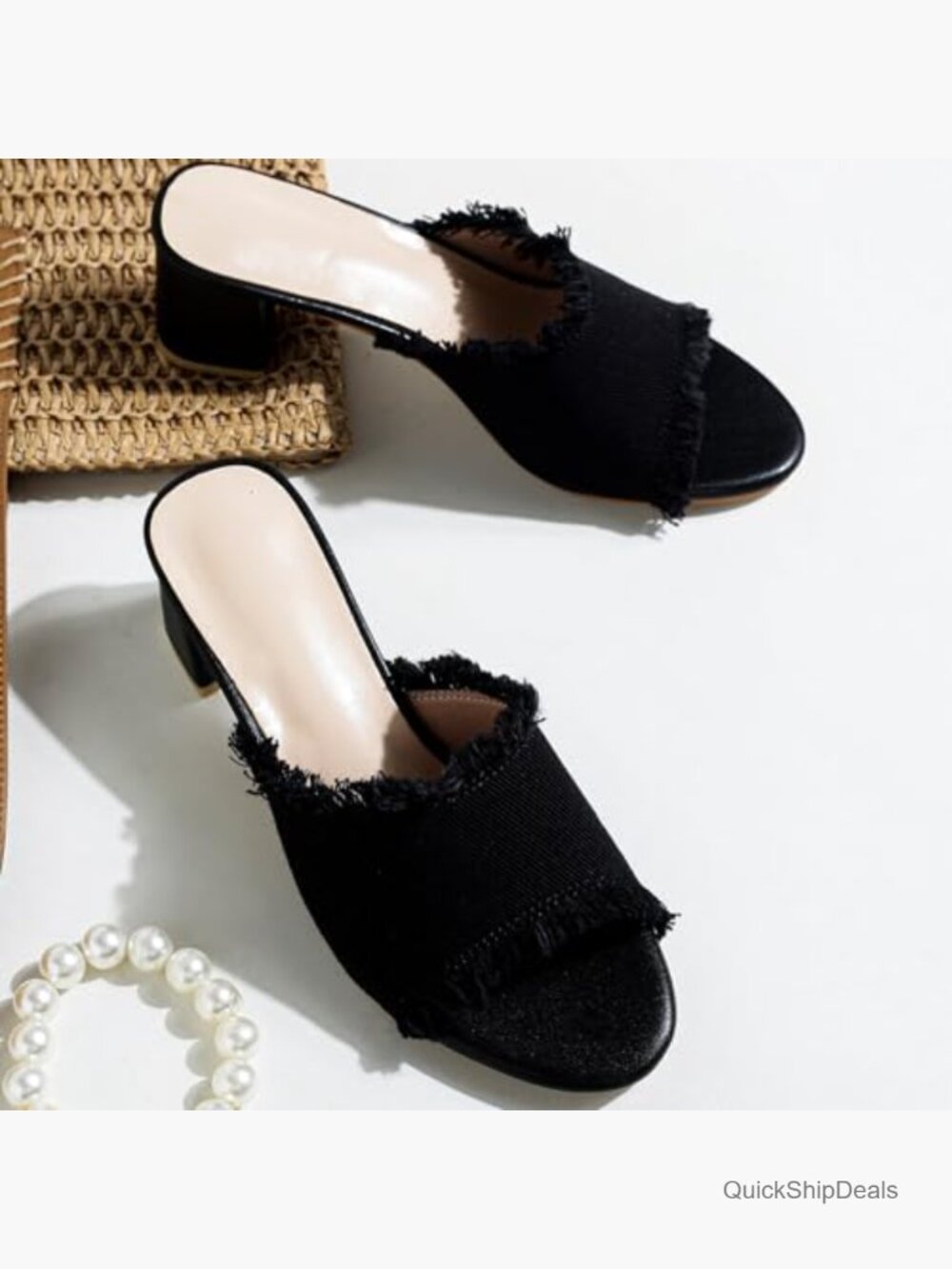 Linen Peep Toe Chunky Heel Mules Sandals Non-Slip for Work Dating - Picture 7 of 7